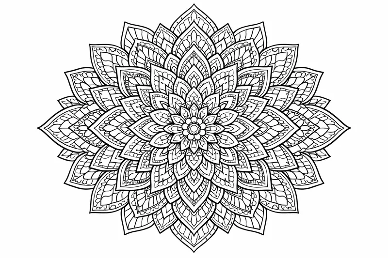Mandala floral con pétalos superpuestos intrincados y muchas secciones pequeñas rellenables