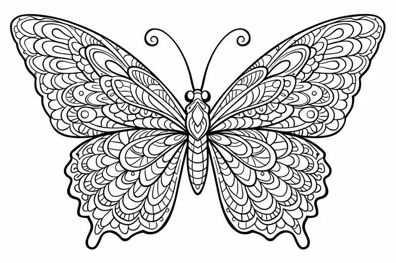 Mariposa detallada con patrones simétricos intrincados en las alas, muchas zonas pequeñas