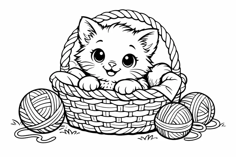Mignon chaton dans un panier en osier avec quelques pelotes de laine, expression amicale, détail moyen