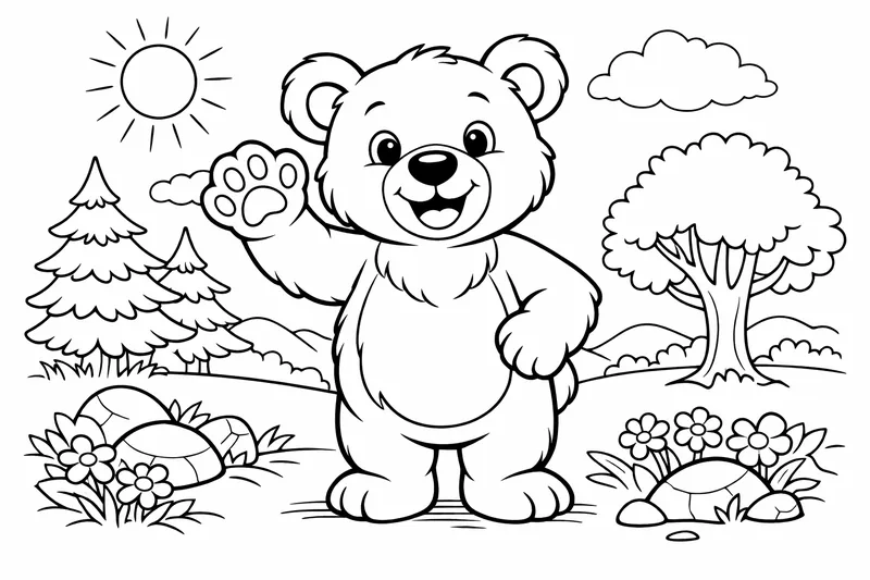 Freundlicher Bär winkt, Cartoon-Stil, mittlere Komplexität