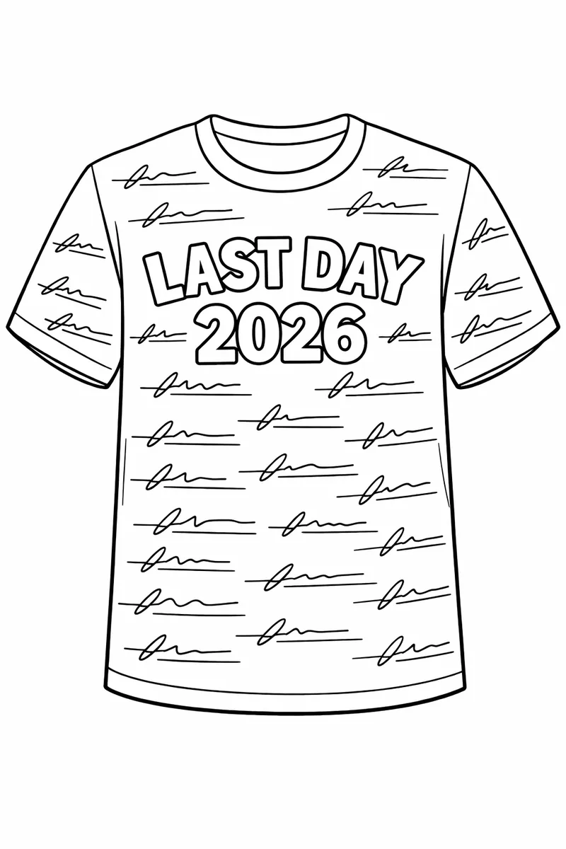 Una ilustración plana de una camiseta con 'Último día 2026' en el pecho y líneas de firma cubriendo el resto