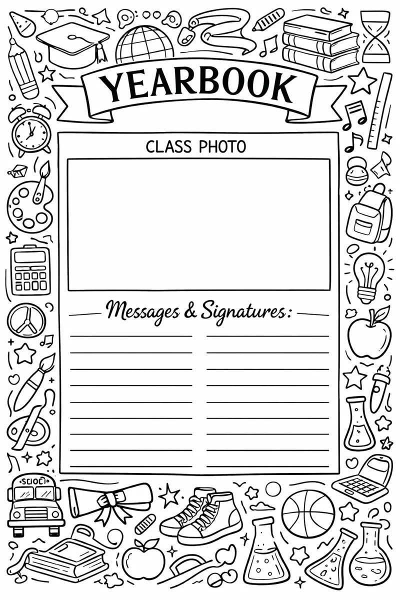 Une mise en page vierge de l'annuaire avec des lignes pour les signatures, encadrée par une bordure décorative de gribouillages scolaires