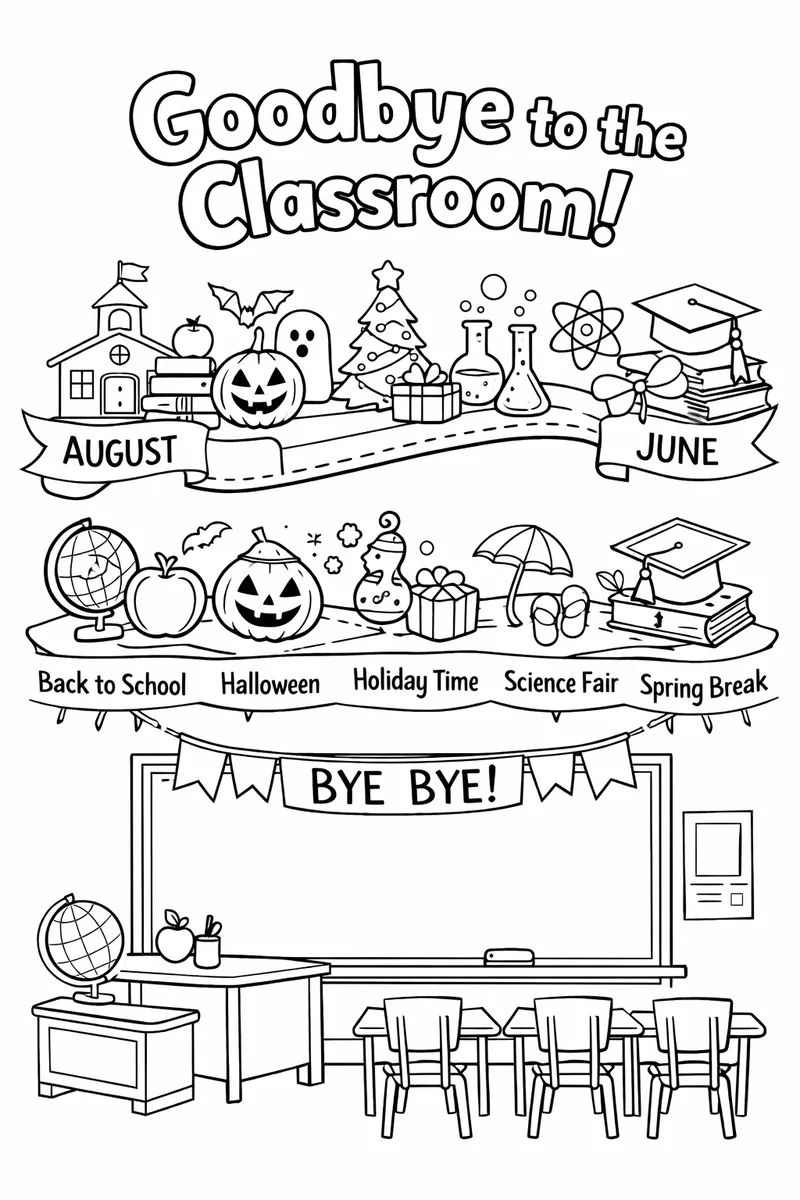 Una línea de tiempo que muestra el año escolar desde agosto hasta junio con iconos de hitos simples en el camino. Adiós al aula