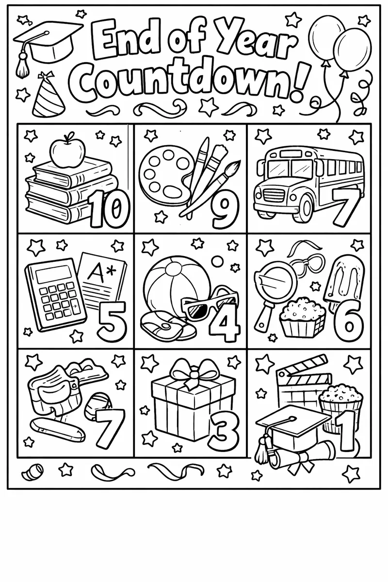 An end of year countdown calendar grid for the last 10 school days, each square containing a small illustration