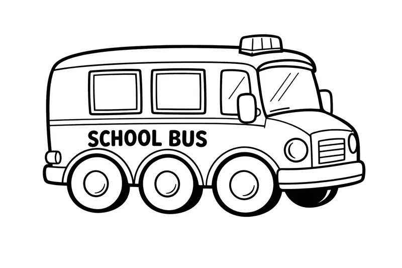 Un autobús escolar con tres grandes ruedas redondas y dos ventanas cuadradas, contornos negros gruesos, cuerpo de dibujos animados simple