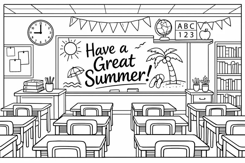 Un intérieur de salle de classe avec des bureaux vides et "Passez un excellent été" écrit sur le tableau noir