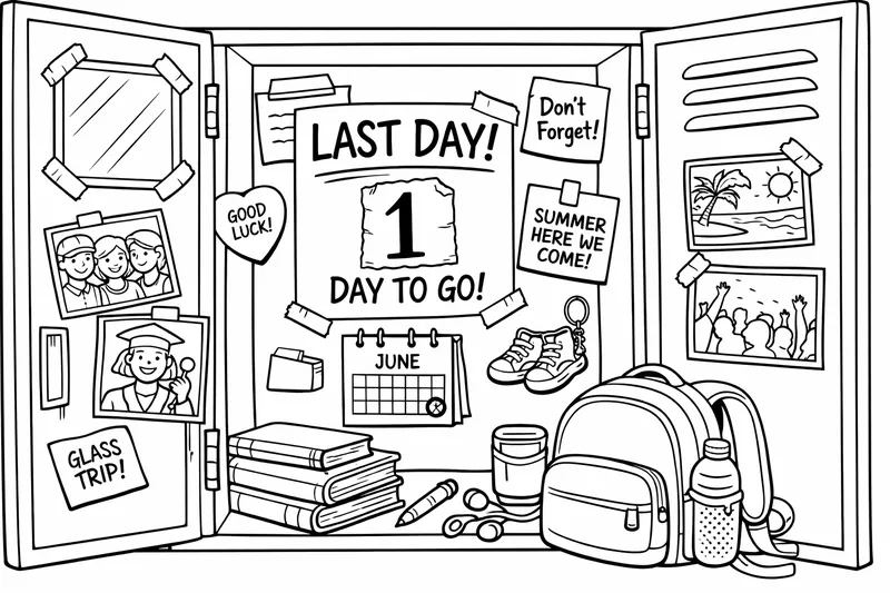 Eine Schülerschließfachszene mit Fotos, Haftnotizen und einem kleinen Spiegel, der innen angeklebt ist, bereit für den letzten TagLetzter Tag Countdown