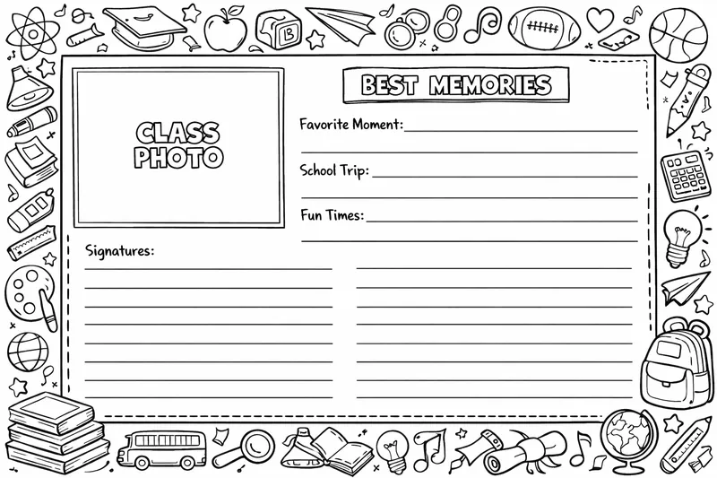 Un diseño de página de anuario en blanco con líneas para firmas, enmarcado por un borde decorativo de garabatos escolares