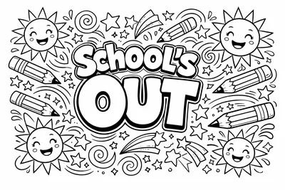 Bold "School's Out" lettering in chunky bubble letters, surrounded by intricate doodles of pencils, stars, and suns