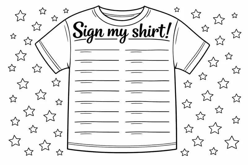 Un t-shirt délimité avec 'Signe mon t-shirt' en haut et des lignes de signature remplissant le reste, encadré par de petites étoiles