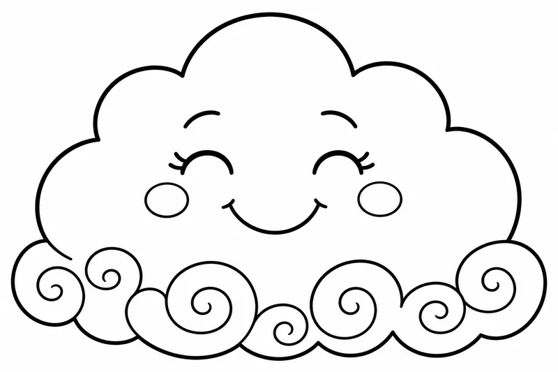 Ein einzelnes lächelndes Wolken-Gesicht mit geschlossenen Augen, großem rundem Körper, dicken Konturen, einfachen Wolkenlocken darunter