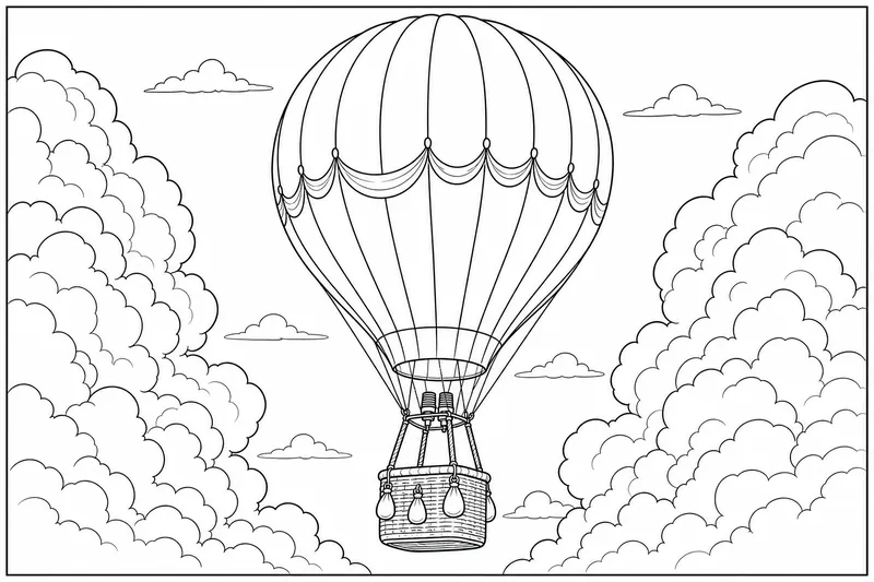 Egy forrólevegű ballon, amely két nagy cumulus felhő között sodródik, a kosár részlete látható