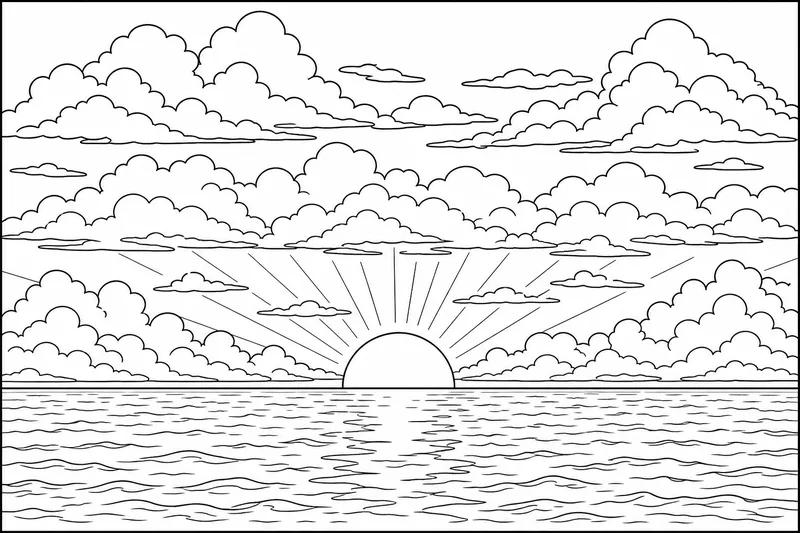 A horizon at sunset with three stacked layers of clouds, sun half visible, no human figures