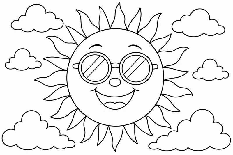 Eine freundliche Sonne mit einem lächelnden Gesicht, die runde Sonnenbrillen trägt