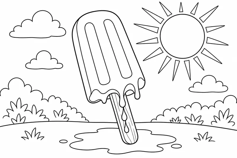 Ein Eis am Stiel, das in der Sonne schmilzt, mit drei langsamen Tropfen, die den Stiel hinunterlaufen