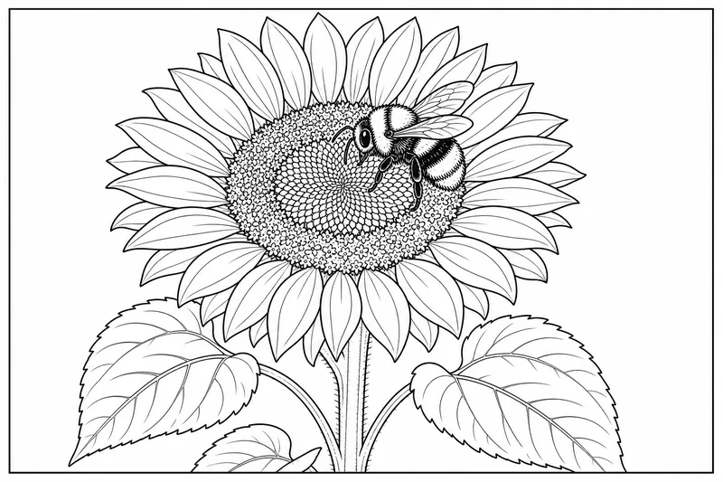 A tall sunflower with a bumblebee landing on the center disc