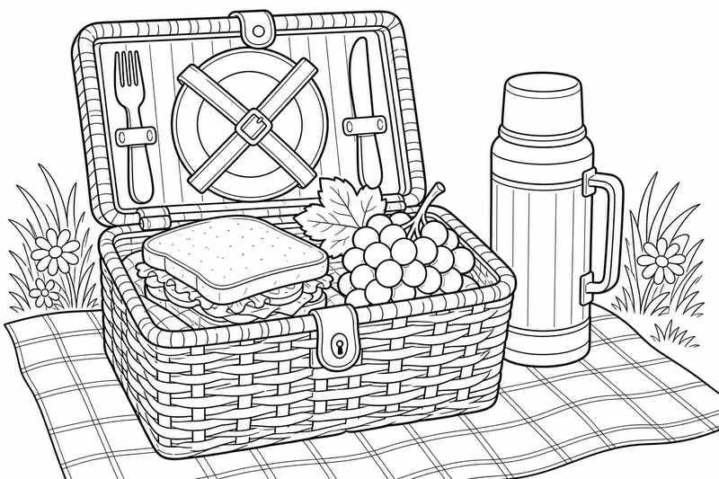 Ein offener Picknickkorb mit einem Sandwich, einer Traubenschale und einer Thermoskanne