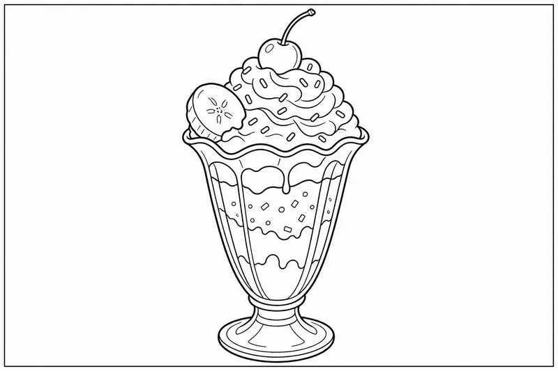 A tall sundae glass with whipped cream, a banana slice and a cherry on top