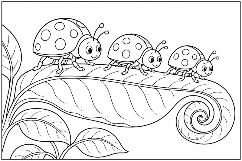 Trois coccinelles marchant le long d'une feuille verte frisée