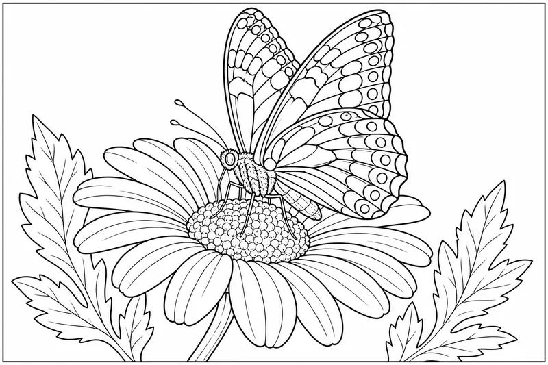 Ein Schmetterling mit detaillierten Flügelmustern, der auf einer Gänseblümchen ruht
