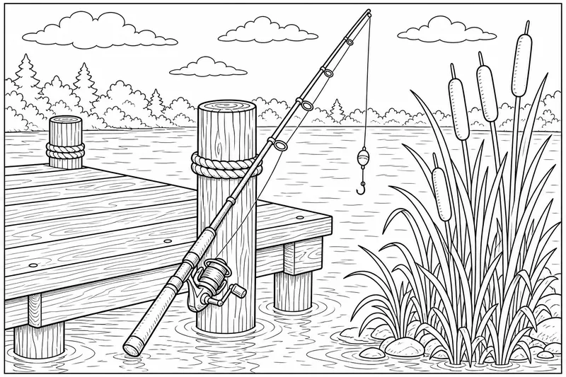 A fishing pole leaning against a wooden dock with cattails growing nearby
