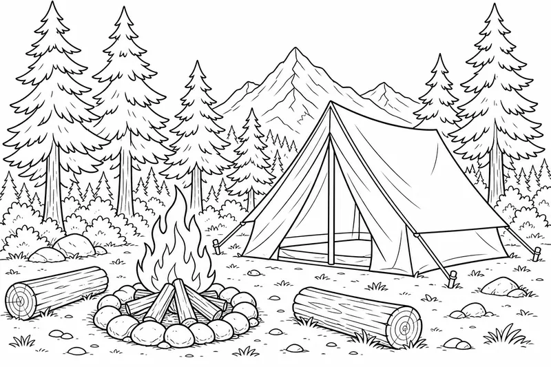 Une tente de camping sous de grands pins avec un feu de camp entouré de pierres devant