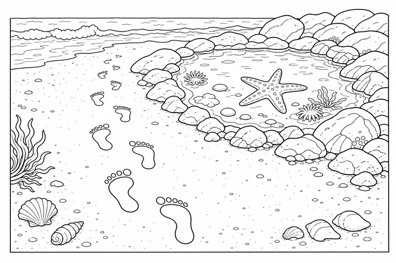 A row of footprints in wet sand leading to a tide pool with a starfish
