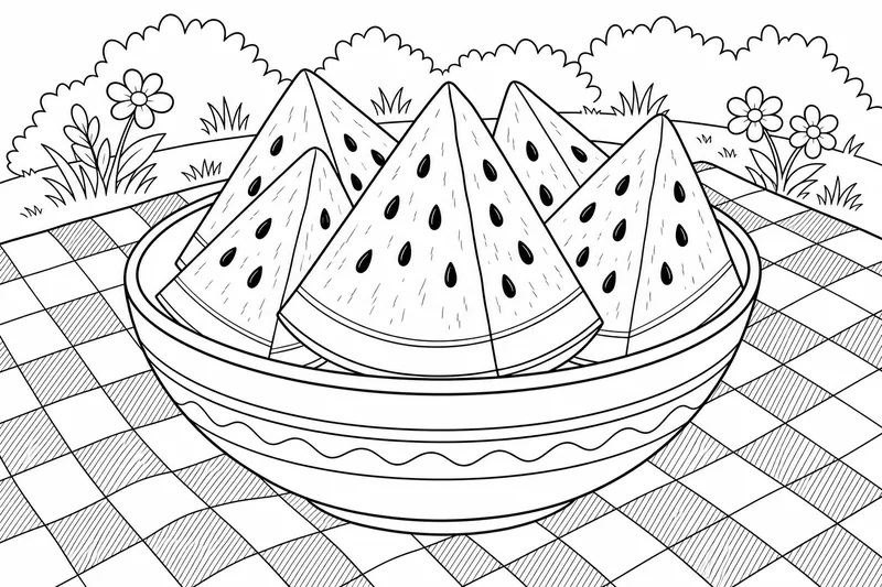 A bowl of watermelon slices on a checkered picnic blanket