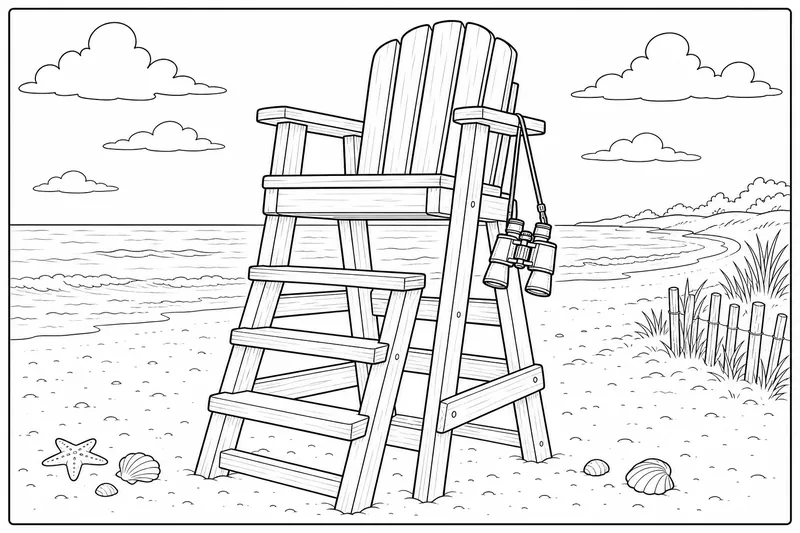 A wooden lifeguard chair with binoculars hanging from one arm