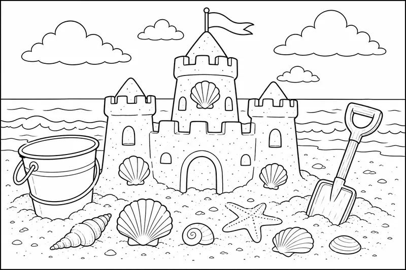 Eine Kinder-Sandburg mit Muscheln, einem Blecheimer und einer hölzernen Schaufel daneben