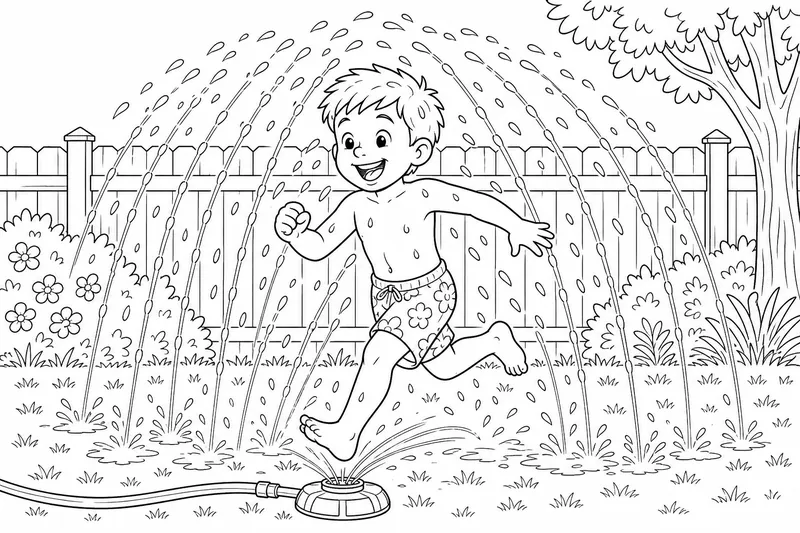 Ein Kind, das in Badebekleidung durch einen Garten-Sprinklerbogen läuft