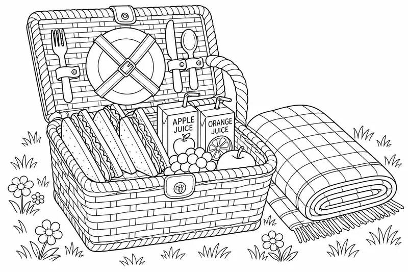 ein gepackter Picknickkorb mit Sandwiches, Saftboxen und einer karierten Decke daneben auf dem Gras