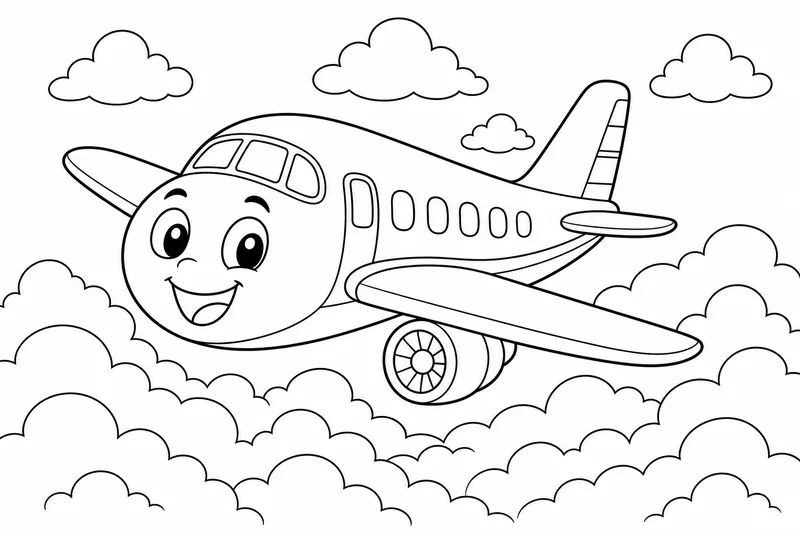 ein freundliches Cartoon-Flugzeug mit einem glücklichen Gesicht, das über flauschigen Wolken fliegt