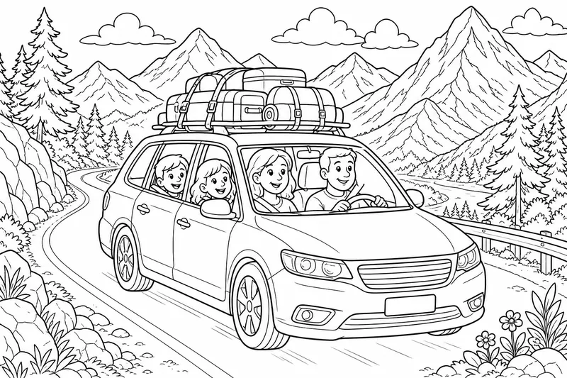 eine Familie fährt durch die Berge mit Gepäck, das auf dem Dach ihres Autos befestigt ist