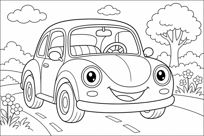 ein lächelndes Cartoon-Auto mit großen runden Scheinwerfern und einem Lenkrad