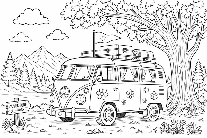 a cute camper van with a flag on top parked under a tall tree