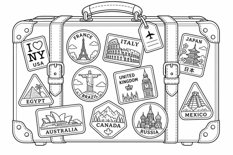 a chunky suitcase covered with travel stickers from different countries