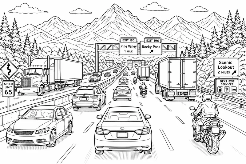 eine belebte Autobahnszene mit Autos, Lastwagen, Motorrädern, Verkehrsschildern und Bergen am Horizont