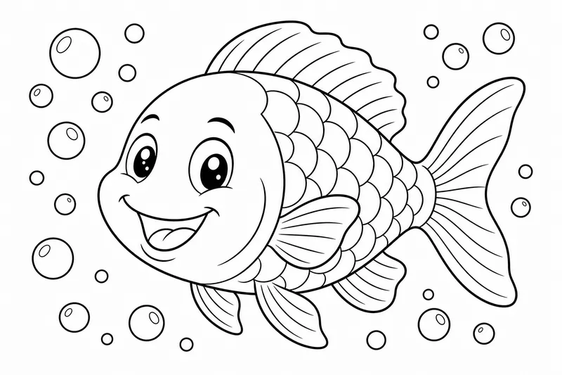 a smiling cartoon fish swimming with bubbles around it