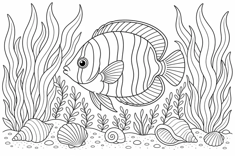 a tropical fish swimming among tall seaweed and small shells
