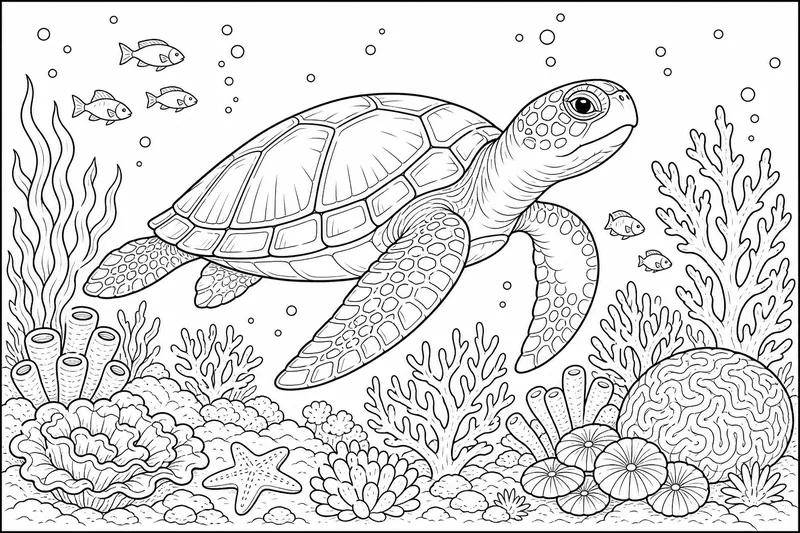 a sea turtle gliding slowly through the water near coral