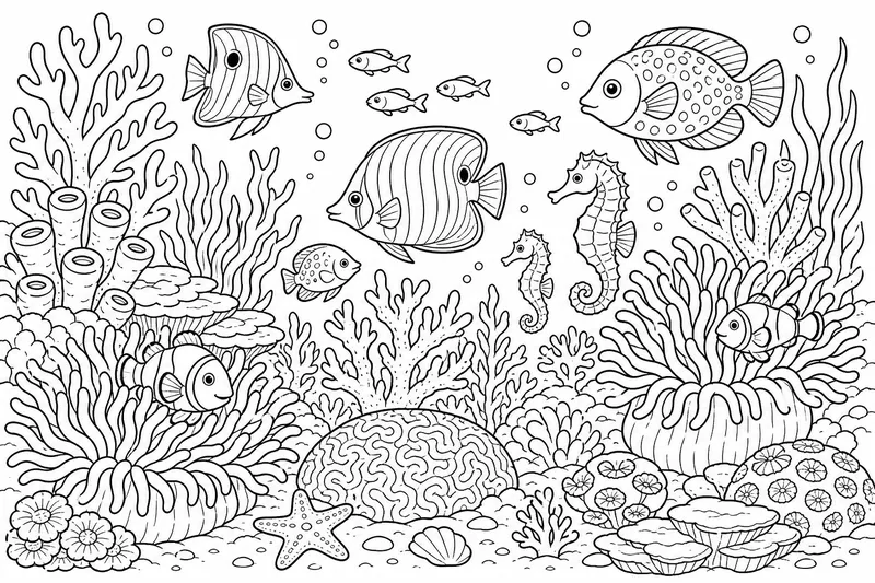 a vibrant coral reef teeming with tropical fish, sea anemones, and tiny seahorses