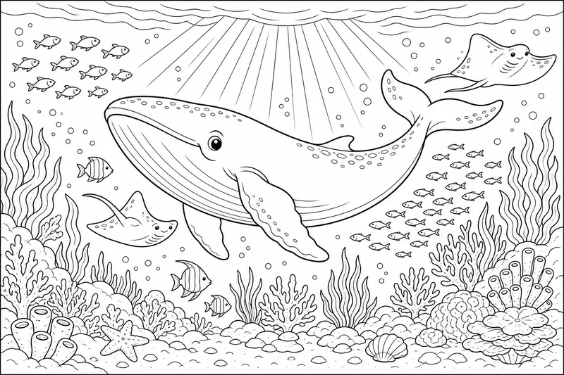eine Tiefseeszene mit einem freundlichen Wal, Schwärmen von kleinen Fischen und Sonnenstrahlen von oben