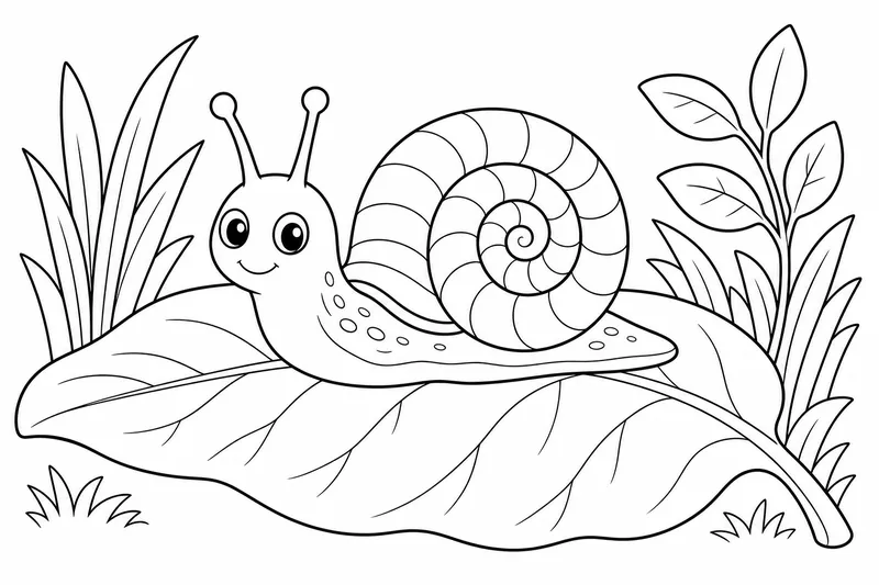 a little snail with a curly shell on a wide flat leaf