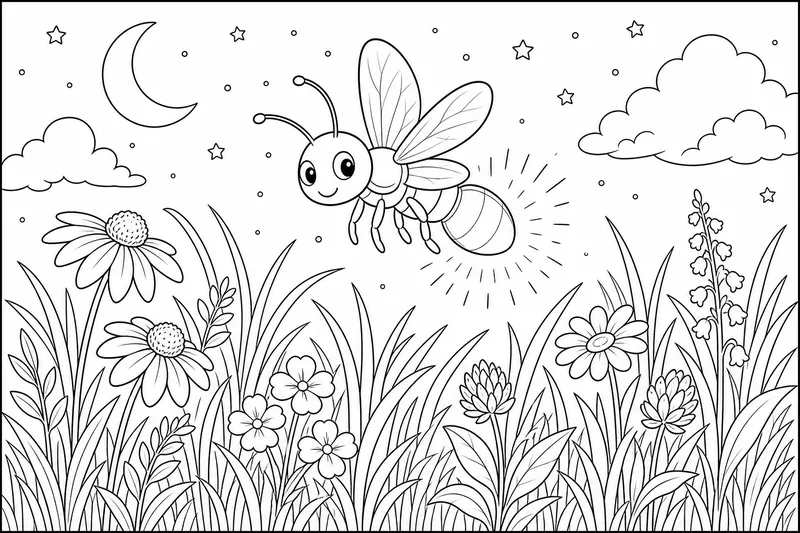une luciole brille doucement au-dessus d'une prairie avec des brins d'herbe