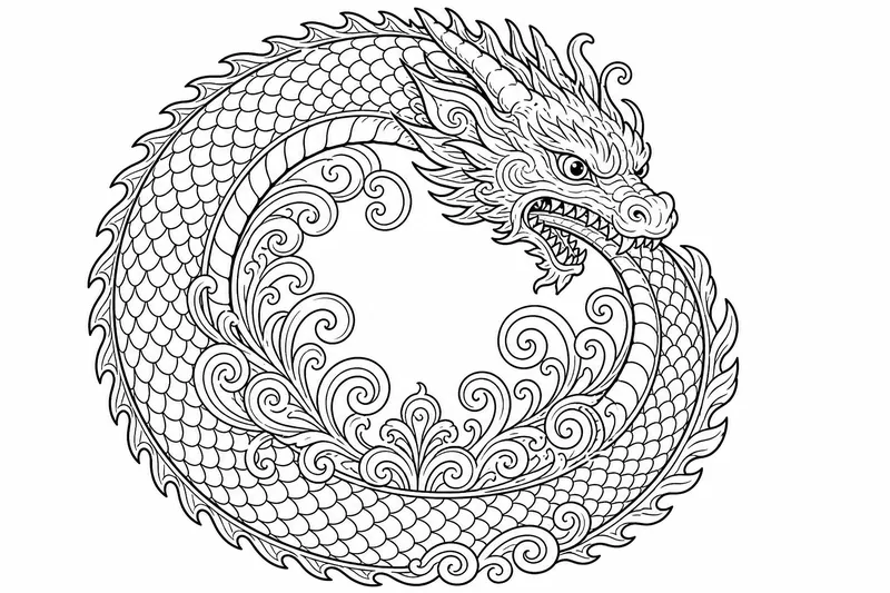 ein prächtiger geschuppter Drache, der sich in einen Kreis krümmt und in seinen eigenen Schwanz beißt, komplexe spiralförmige Muster