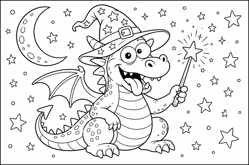 a goofy dragon wearing a wizard hat and holding a wand, surrounded by stars and a crescent moon