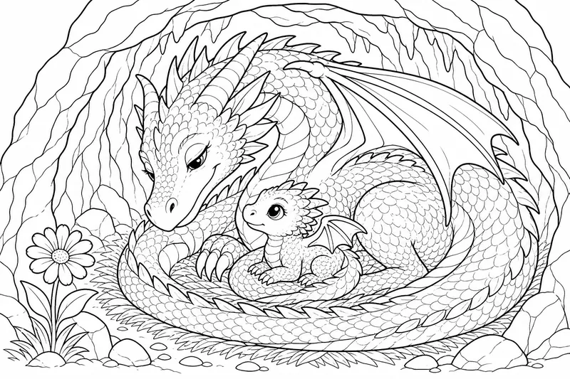 a large mother dragon curled around her tiny baby dragon inside a cozy cave with a single flower at the entrance