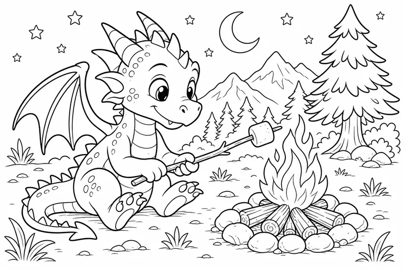 a small dragon roasting a marshmallow over a tiny campfire on a stick
