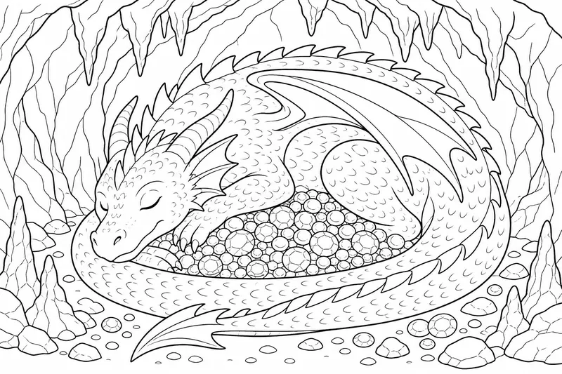 a sleeping dragon coiled around a pile of round gems in a small cave, peaceful face, smooth scales
